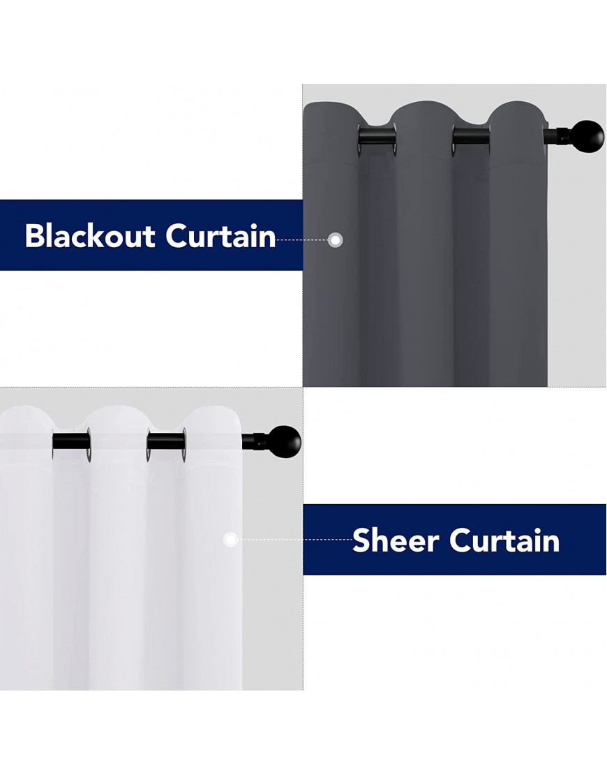 PureFit Set of 4 Curtain Panels Mix and Match Sheer White Curtains & Blackout Curtains for Bedroom and Living Room Thermal Insulated Room Darkening Grommet Window Drapes 42 x 63 inch Panel Gray