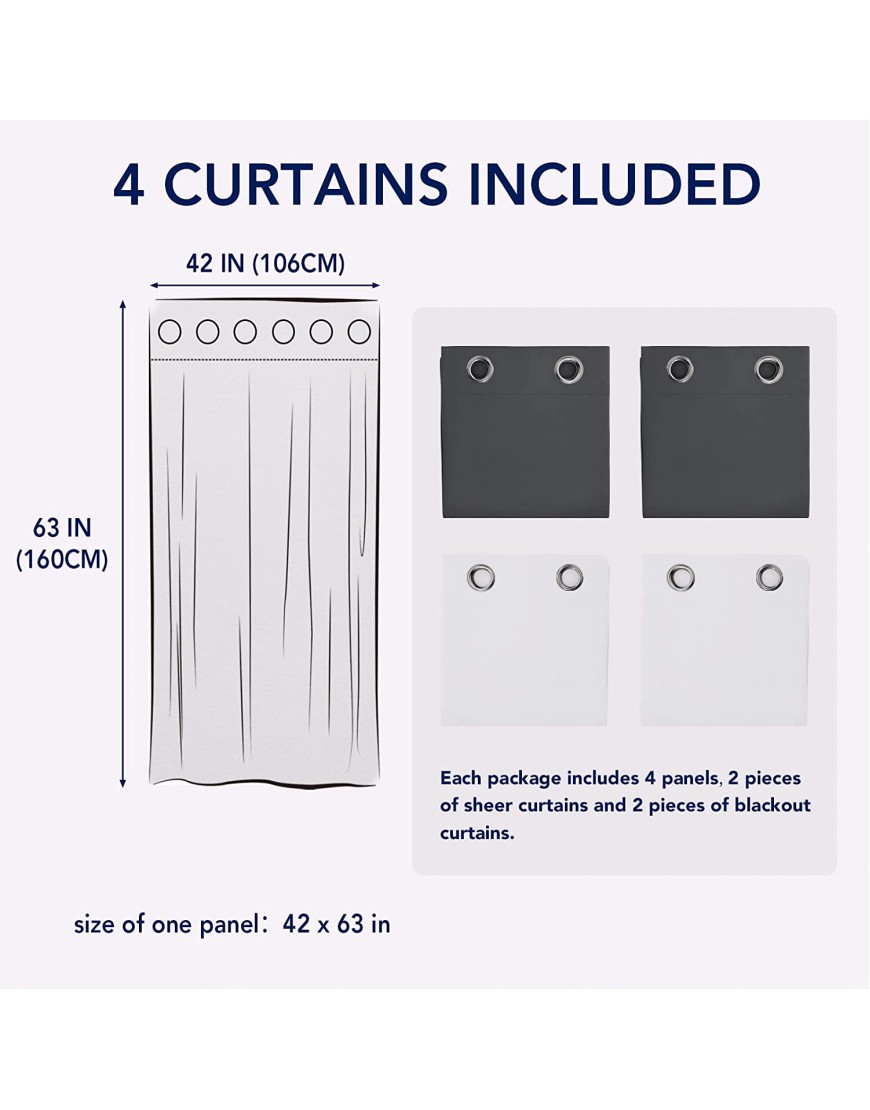 PureFit Set of 4 Curtain Panels Mix and Match Sheer White Curtains & Blackout Curtains for Bedroom and Living Room Thermal Insulated Room Darkening Grommet Window Drapes 42 x 63 inch Panel Gray