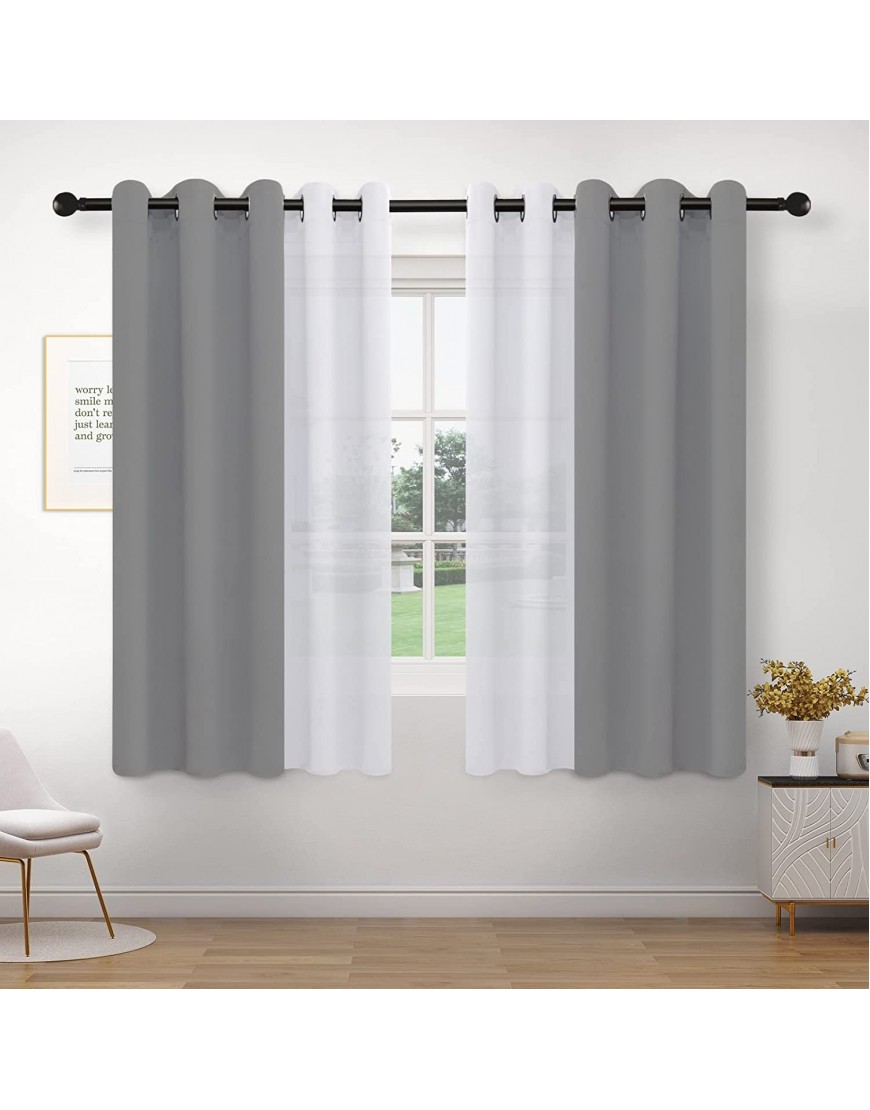PureFit Set of 4 Curtain Panels Mix and Match Sheer White Curtains & Blackout Curtains for Living Room Thermal Insulated Room Darkening Grommet Window Drapes 42 x 63 inch Panel Light Gray