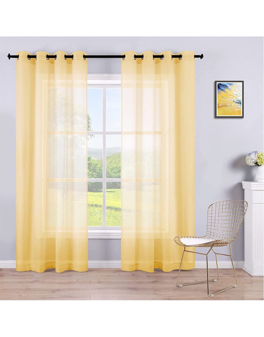 Sheer Curtains 96 Inches Long 2 Panels Grommet Curtain Panel Pair Faux Linen Window Voile Drapes Semi Sheer Curtains for Living Room Set Bedroom Ring Top Solid Bright Yellow Color 52 x 96 Inch Length