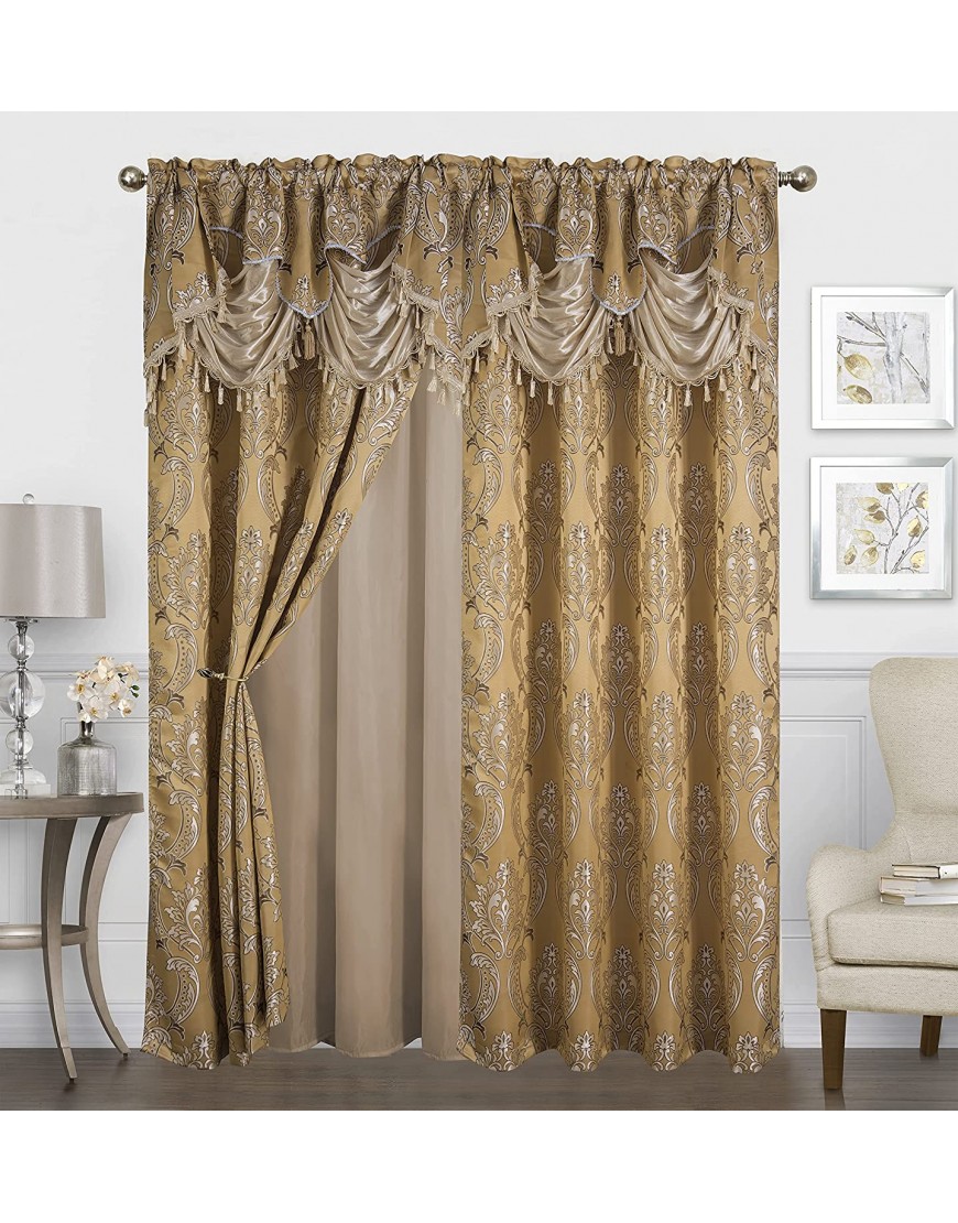Traditional Jacquard Curtain Drape Set 2 Panels 84 Inch Long Includes attached Valance Sheer Backing 2 Tassels Damask Floral Pattern Drape for Living and dining rooms 647-84 Gold