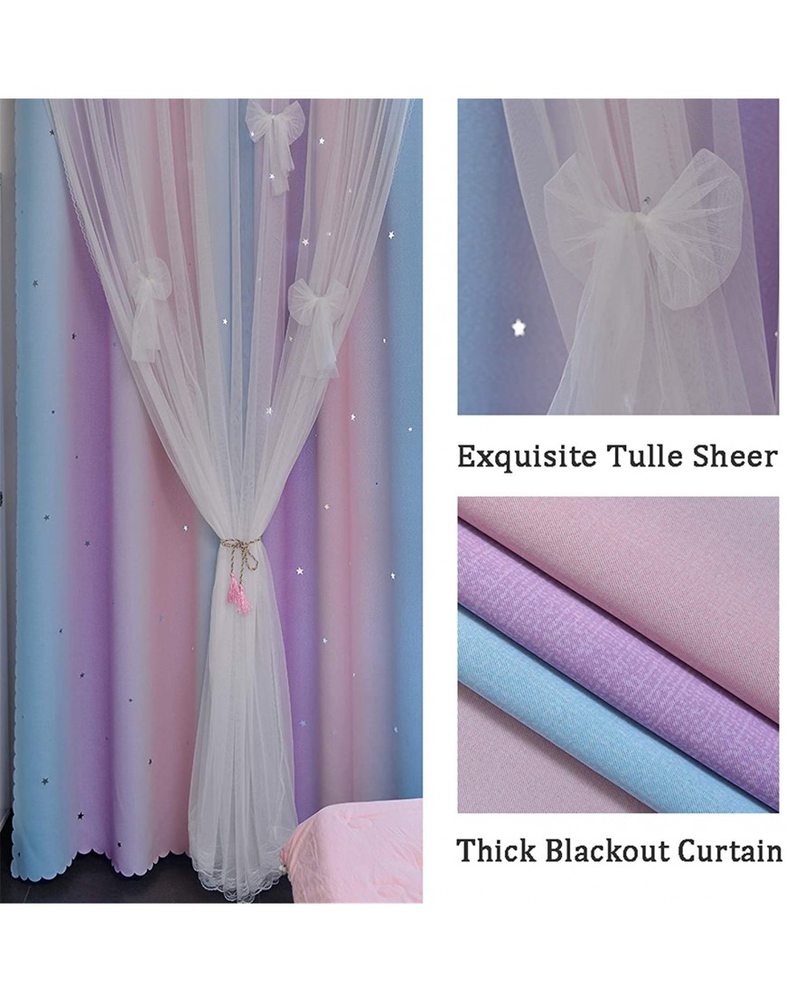 Yancorp Curtains for Girls Bedroom Kids Curtain Hollow-Out Star Window Drapes Curtain 84 inches Length Room Darkening Grommet 2 Layers Pink Purple Green W52 X L84