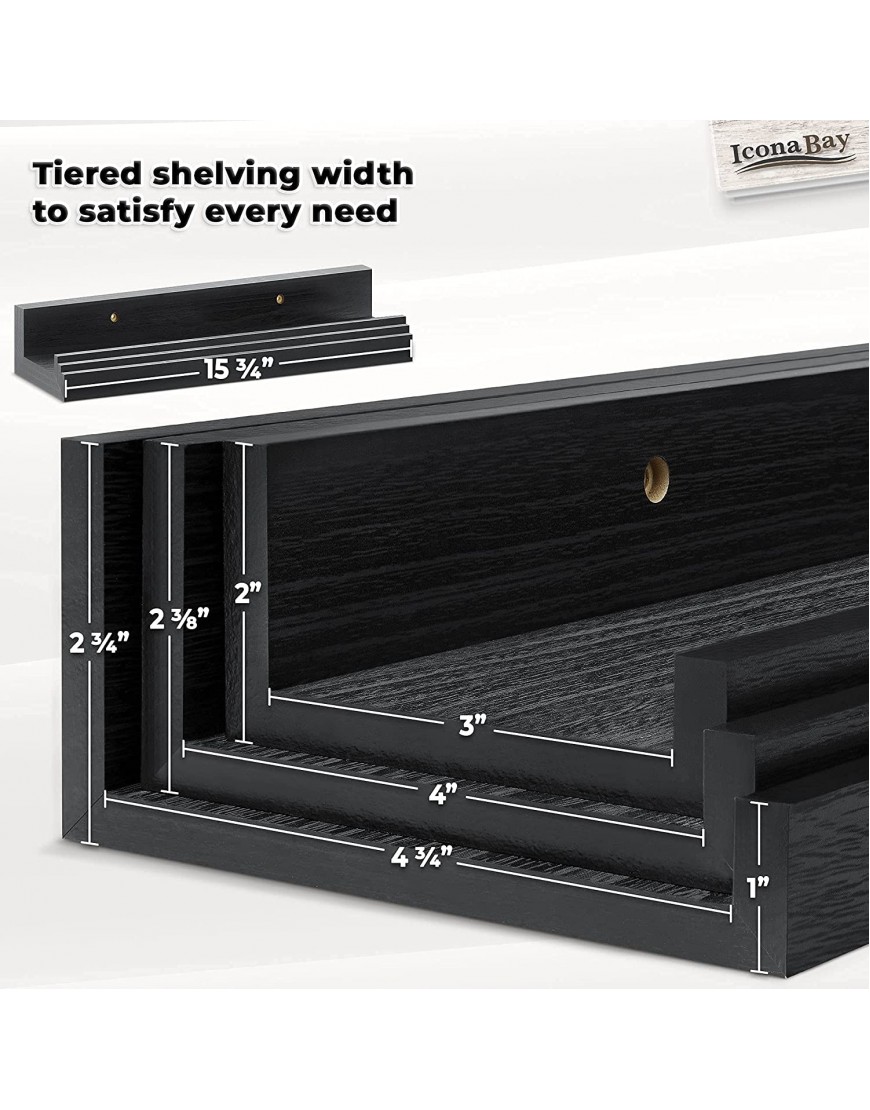 16 Inch Floating Shelves for Wall Set of 3 in Ebony Black Modern Rustic Style Wall Mounted Display Shelves Picture Ledges by Icona Bay