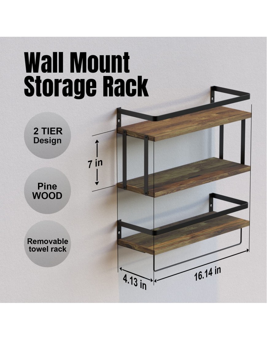 3 Tier Wall Mounted Floating Shelves Set of 3 Rustic Wood Wall Shelf with Metal Frame Extra Storage Rack for Bathroom Kitchen Bedroom with Tissue Rack & Towel Bar