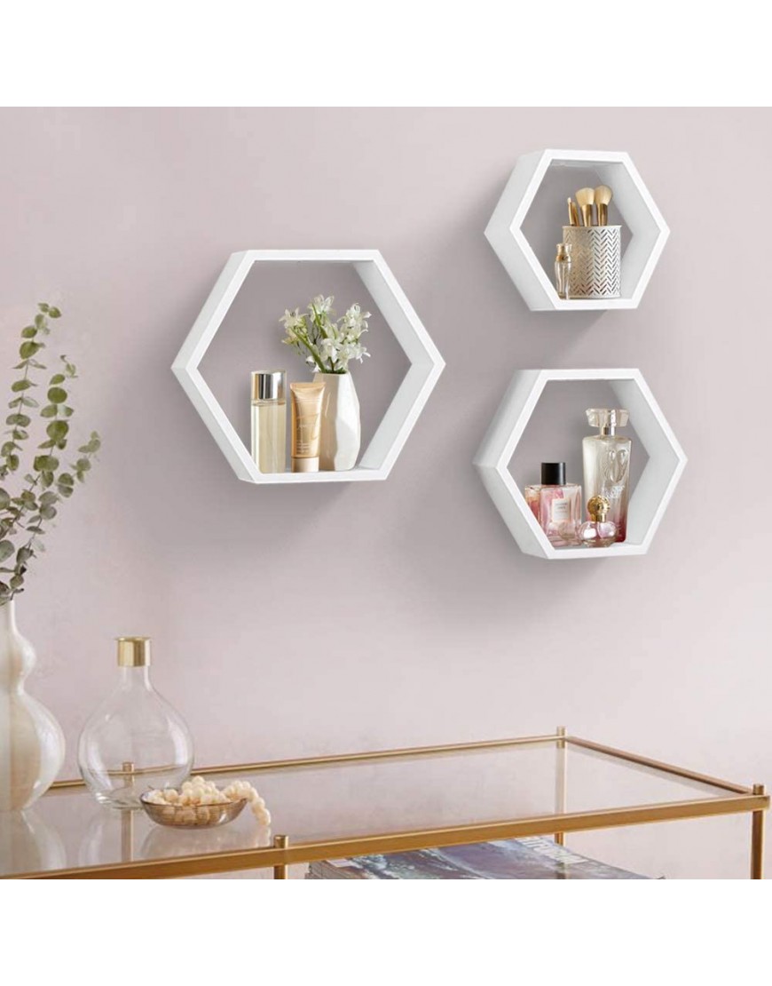 AHDECOR Wall Mounted Hexagon Floating Shelves Wooden Wall Organizer Hanging Shelf for Home Decor Set of 3 White