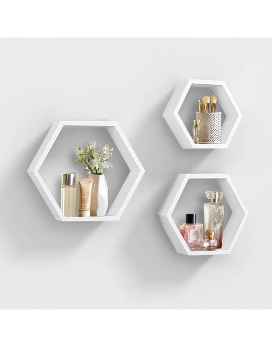 AHDECOR Wall Mounted Hexagon Floating Shelves Wooden Wall Organizer Hanging Shelf for Home Decor Set of 3 White