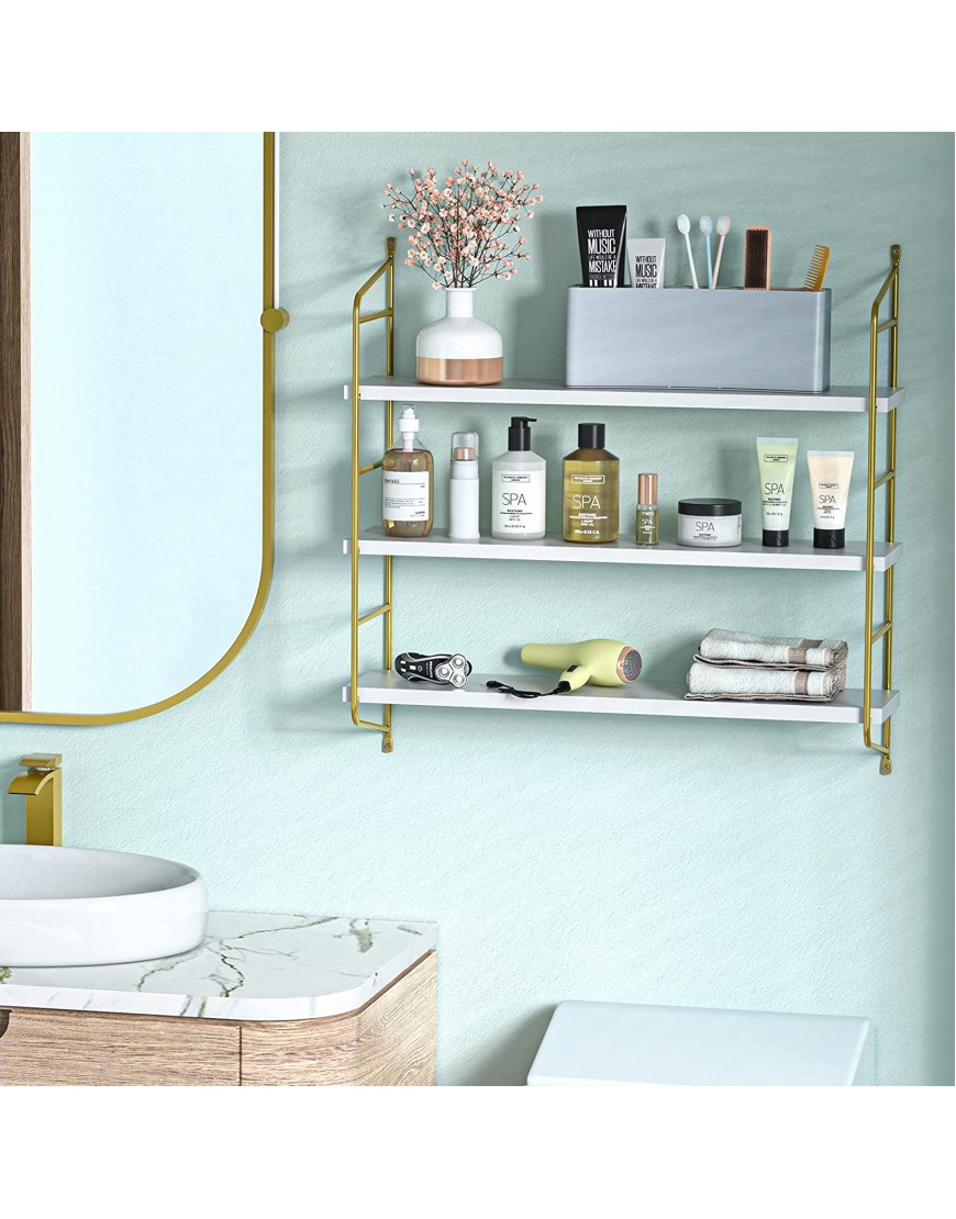 AMADA HOMEFURNISHING Floating Shelves Wall Shelves 3 Boards Adjustable White and Gold Shelf for Living Room Bedroom Bathroom Kitchen