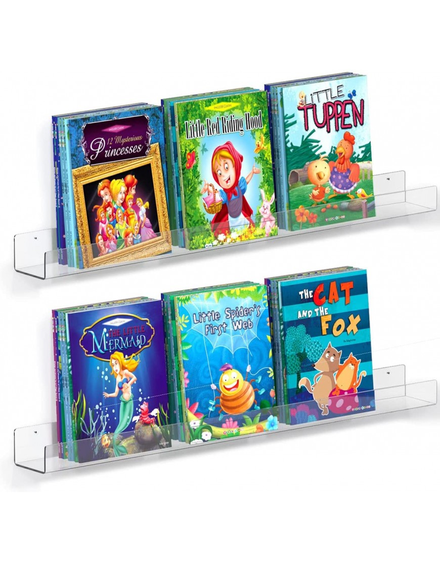 FEMELI 2 Pack 36 Inch Clear Acrylic Floating Bookshelf for Kids Wall Display Shelf with Lips for Nursery Room Bathroom Dorm