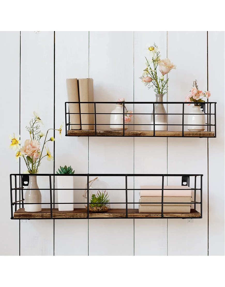 Fixwal 4 Set Floating Shelves Carbon Black Wood Wire Frame Hanging Shelves Wall Mounted for Living Room Kitchen and Bedroom Bathroom for Wall Decorative Storage Paulownia