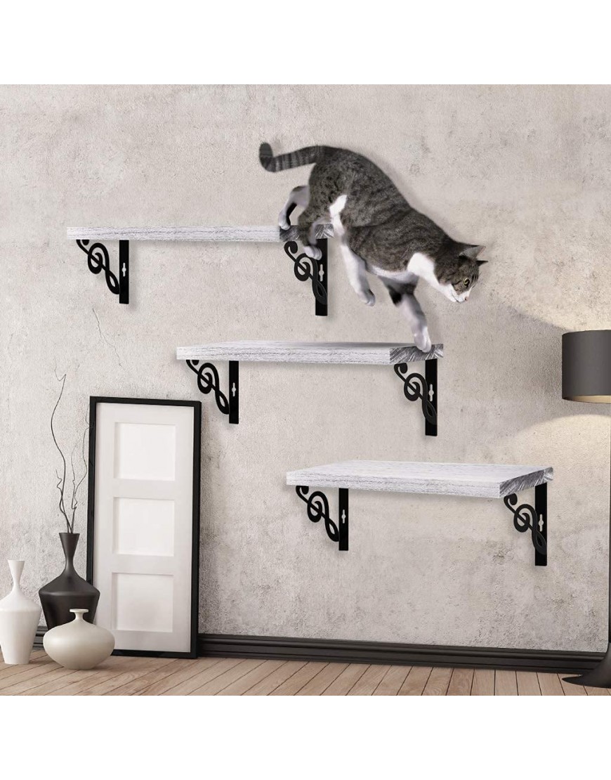 Floating Wall Shelves Set of 3 16-Inch Solid Wood Floating Shelves Cat Climbing Wall Mounted Shelf Organizer for Living Room Bedroom Kitchen Bathroom Office Gray-White