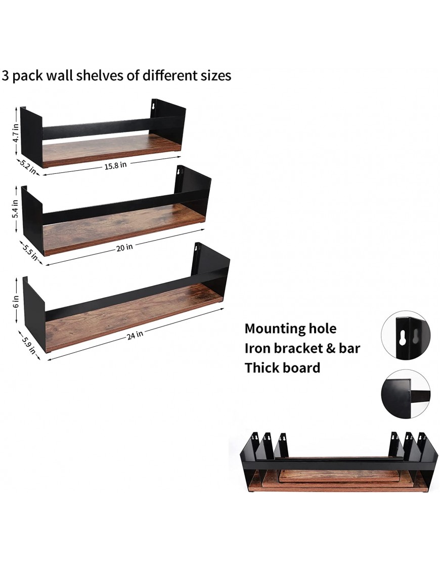 Giftgarden Black Iron Wood Floating Shelves for Wall Plus Sizes 24” 20” 16” Large Rustic Wall Shelf Storage Organizer with Bar Hanging Bracket for Kitchen Bathroom Bedroom Book Living Room 3 Pack