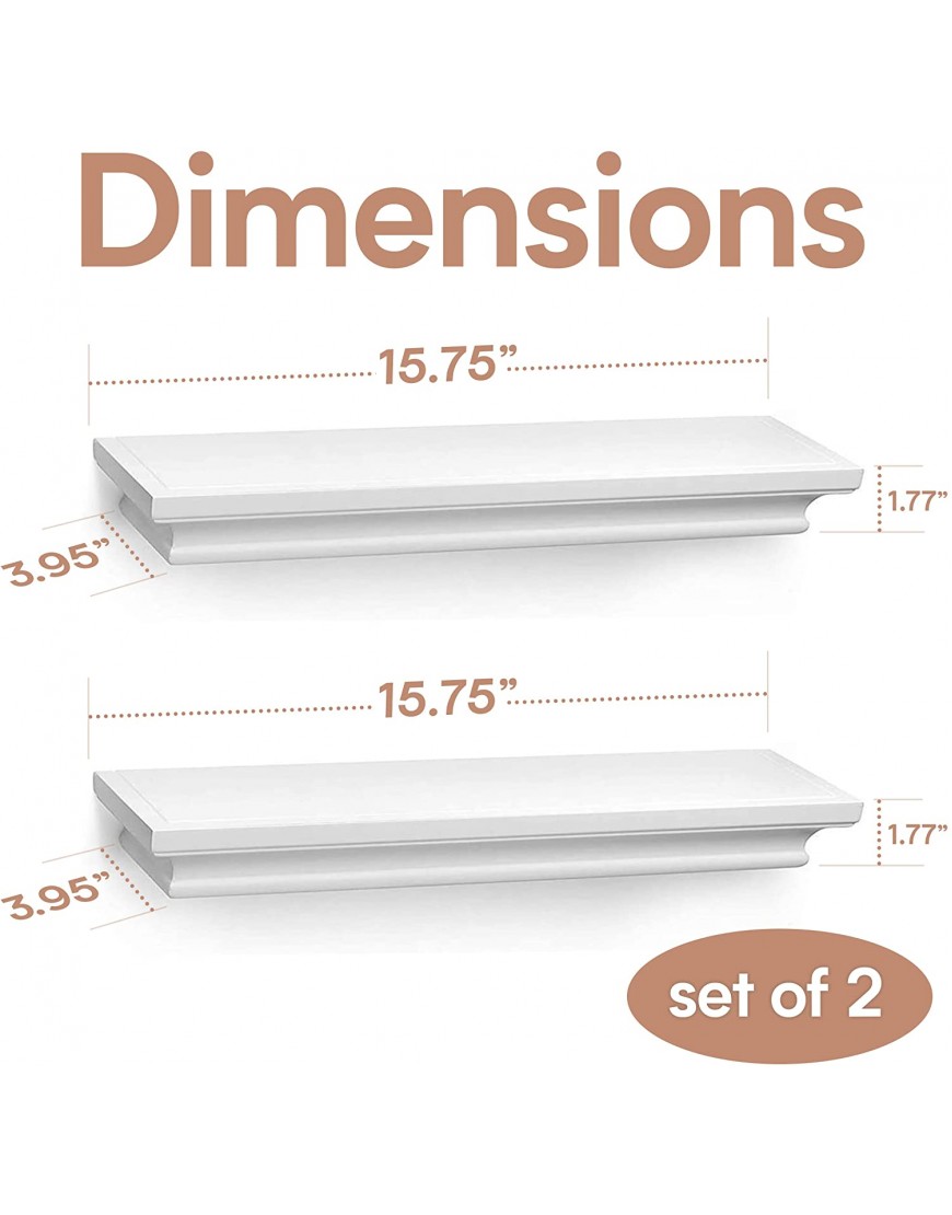 Halter Floating Wall Shelf Wood Shelves Floating Shelves for Bedroom Bathroom Living Room and Kitchen Shelves for Wall Storage Floating Shelves Wall Mounted White Wood Wall Storage Set of 2