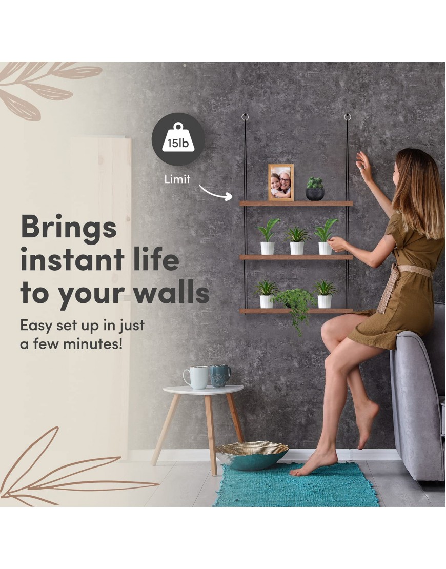 Hanging Shelves for Wall 3 Tier Hanging Plant Shelf Cute Boho Room Decor for Bedroom Bathroom Living Room Rope Farmhouse Wooden Floating Small Bookshelves Window Macrame No Drill Brown