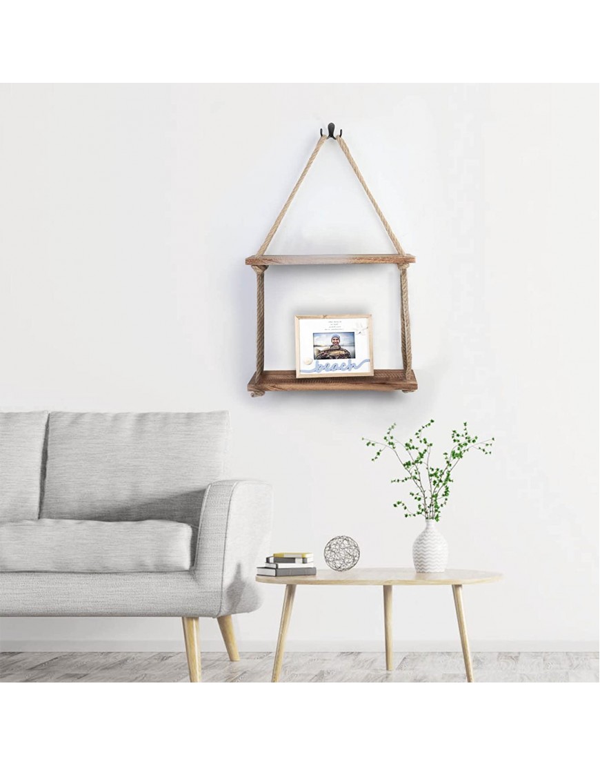 Hanging Wall Shelves Woven Hanger 2 Tier Rope Floating Shelf ,Rustic Wood Finish . Decorations Display for Living Room Bathroom