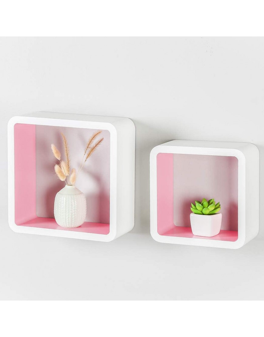 Homewell Set of 2 Cube Floating Shelves Wood Wall Shelves for Home Decoration Storage Display Rack White+Pink.