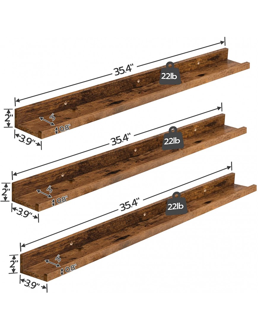 HOOBRO Floating Shelves Wall Shelf Set of 3 35.4 Inches Hanging Shelf with Raised Edge and Invisible Brackets for Bathroom Bedroom Kitchen Office Living Room Decor Rustic Brown BF90BJ01