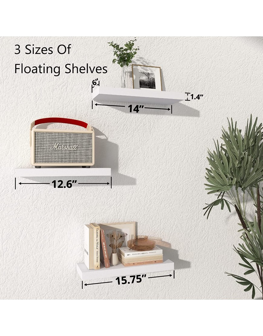 HOYAISM White Floating Shelves for Wall Wall Shelves Set of 3 with Invisible Metal Brackets Perfect for Bedroom Bathroom Living Room Kitchen White