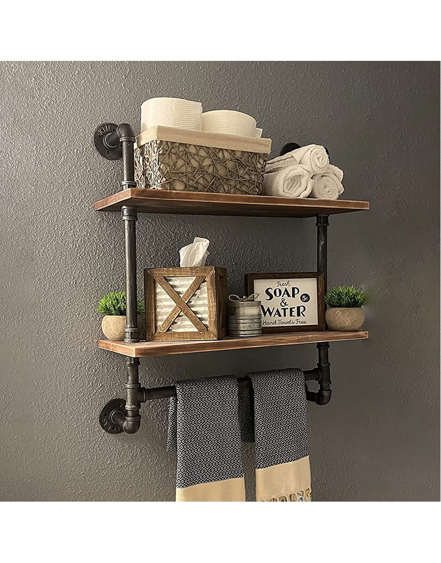 Industrial Pipe Shelf,Rustic Wall Shelf with Towel Bar,24 Towel Racks for Bathroom,2 Layer Pipe Shelves Wood Shelf Shelving