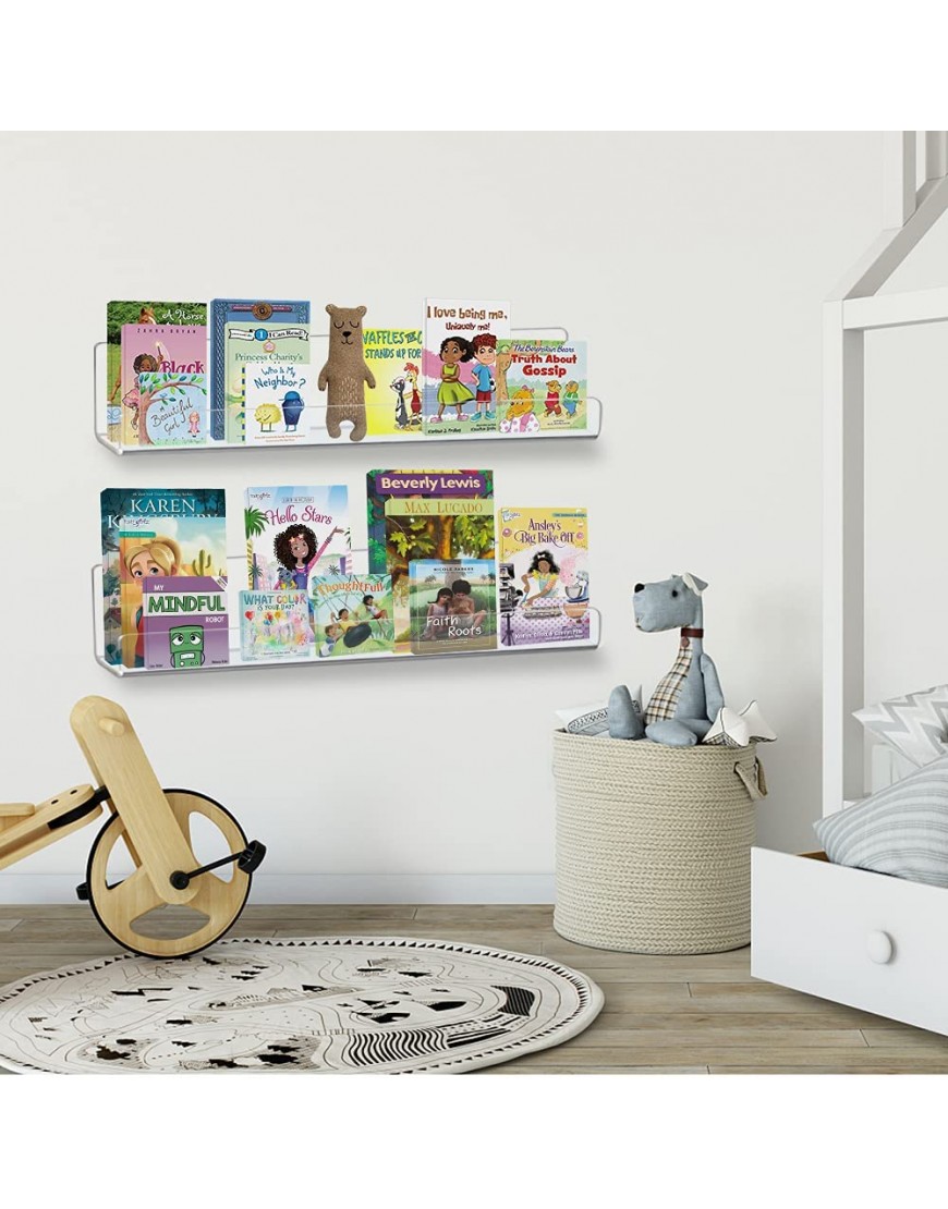 Kids Floating Bookshelves Acrylic Wall-Mounted 13.7 inches 4 Pack Clear Invisible Wall Bookshelves Ledge Book Shelf 5MM Thicker with Free Screwdriver