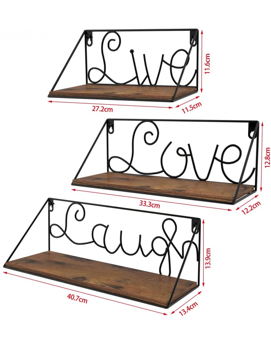 Live Love Laugh Floating Shelves Set of 3 Decorative Wire Wall Shelf for Bedroom Living Room Bathroom Kitchen