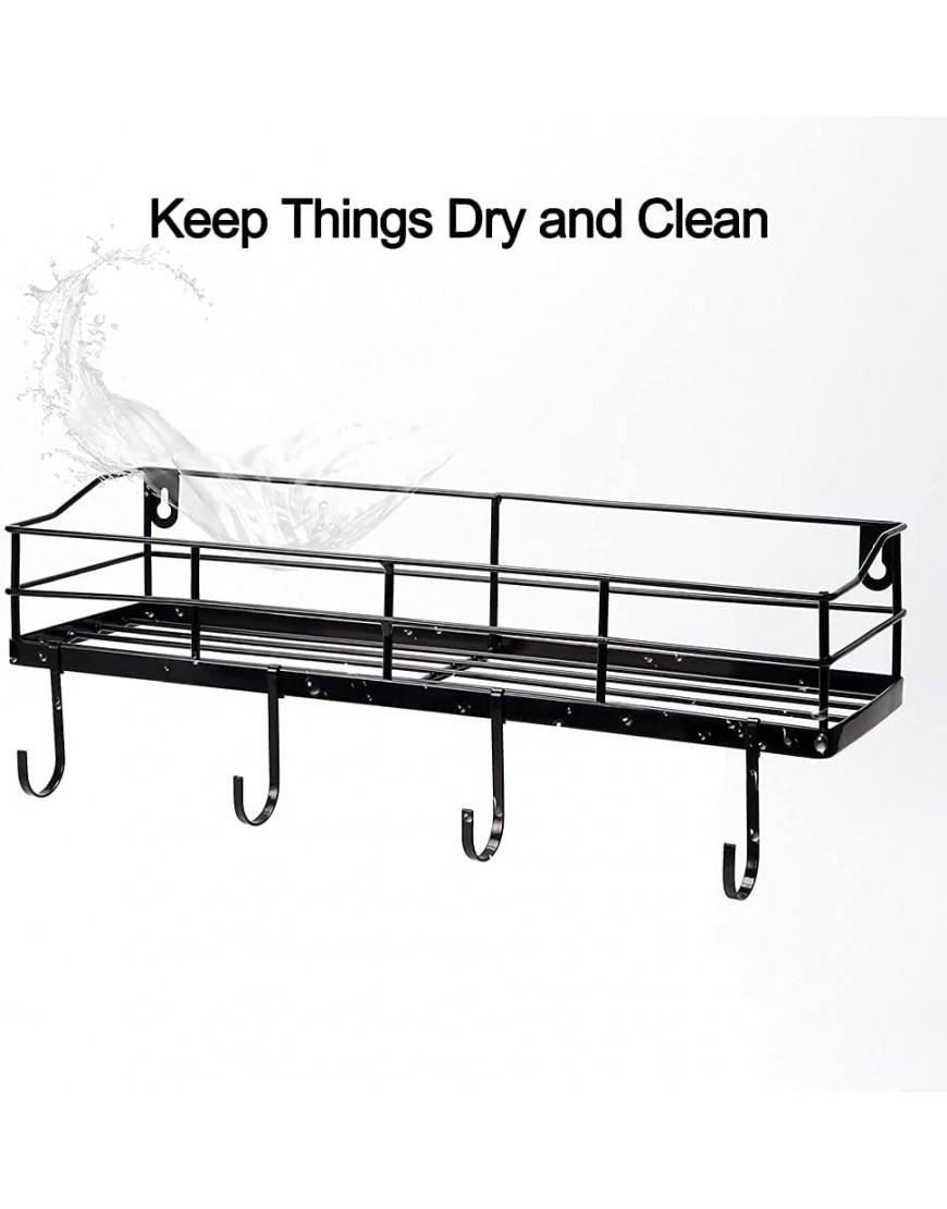 Lyeasw Metal Black Floating Shelves Wall Mounted with 8 Removable Hanging Hooks 15-Inch Iron Shower Shelf Organizer for Bathroom Kitchen Storage Rack Set of 2