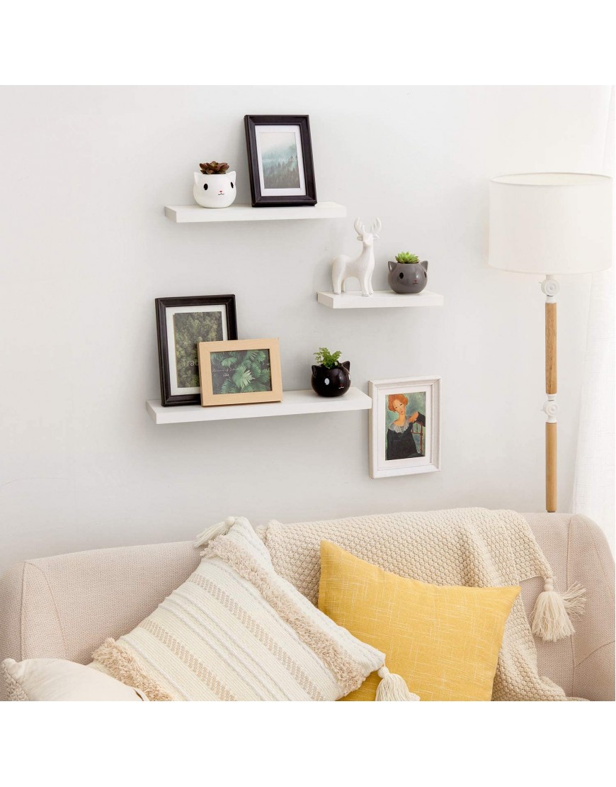 Mkono Floating Shelves White Wood Wall Mounted Rustic Modern Shelf Set of 3 Photo Display Ledges with Invisible Bracket for Living Room Bedroom Bathroom 4 Deep