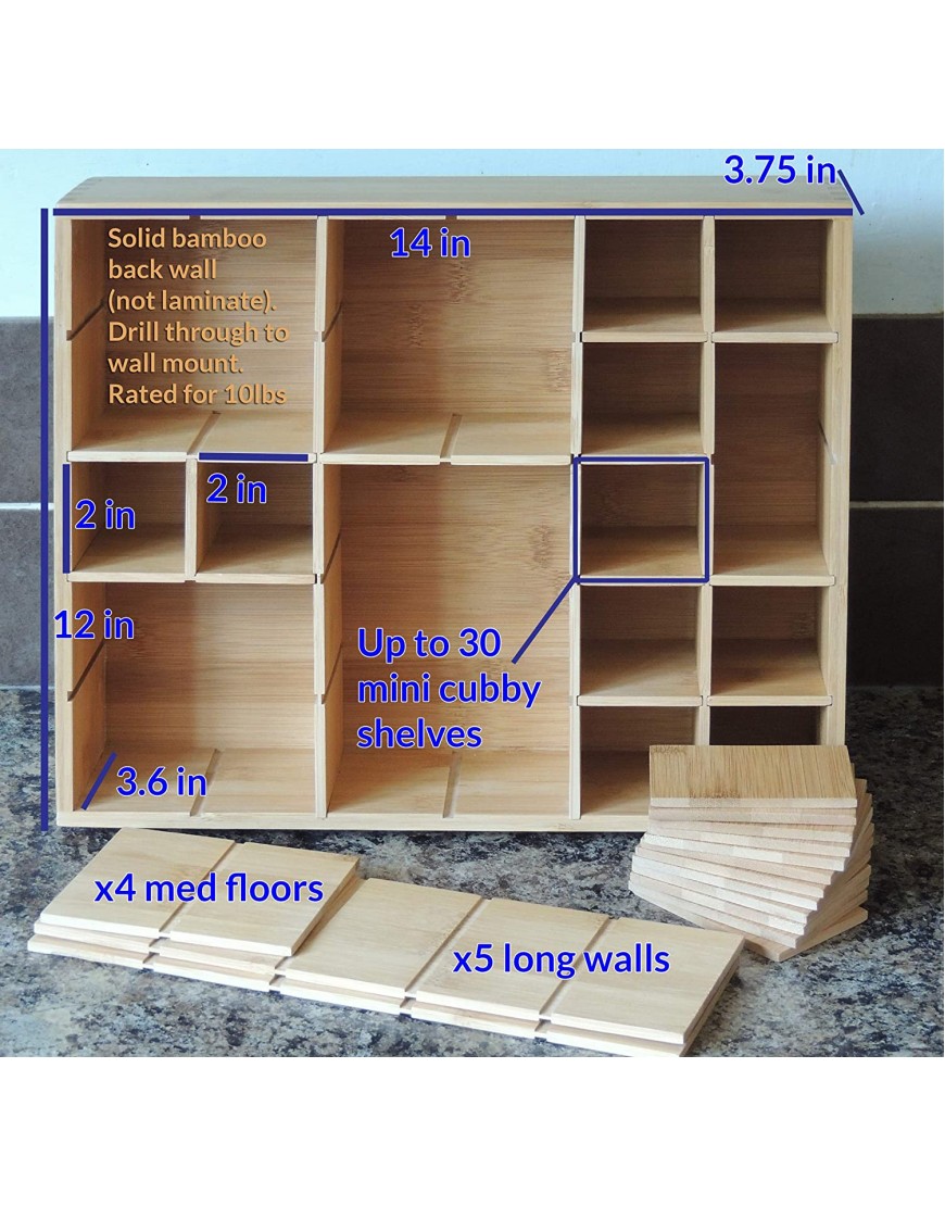 Multikeep Adjustable Shelf Spice Rack Floating Shelf Figurine Shelf Shadow Box or Drawer Organizer for Wall Mount Counter Top Cabinet or Drawers Bamboo Wood Cookbook People