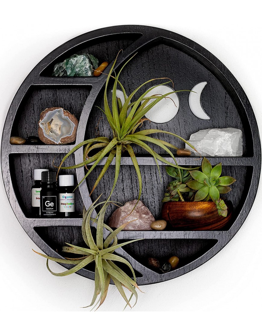 Onyx Haus Crescent Moon Shelf for Crystals Stone Essential Oil Small Plant and Art Wall Room and Gothic Witchy Decor Moon Phase Rustic Boho Shelfs Wooden Hanging Floating Shelves Black