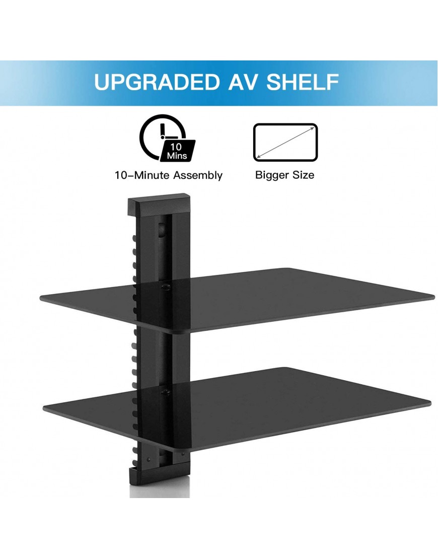 PERLESMITH Floating Wall Mounted Shelf Double AV Shelf with Strengthened Tempered Glasses for DVD Players,Cable Boxes Games Consoles TV Accessories Holds up to 16.5 lbs PSDSK2-1