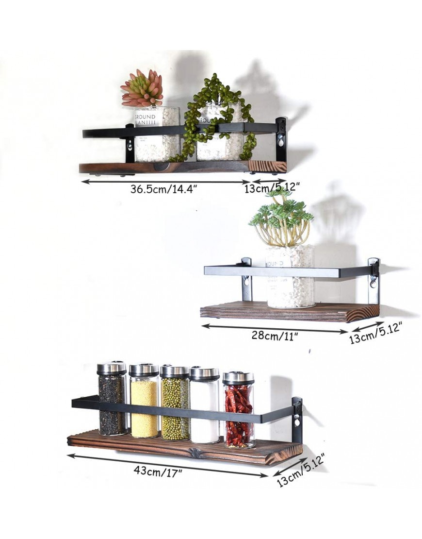 PHUNAYA Floating Shelves Rustic Wood Wall Mounted Shelf Practical Metal Fence Design – Ideal for Bedroom Bathroom Kitchen Set of 3
