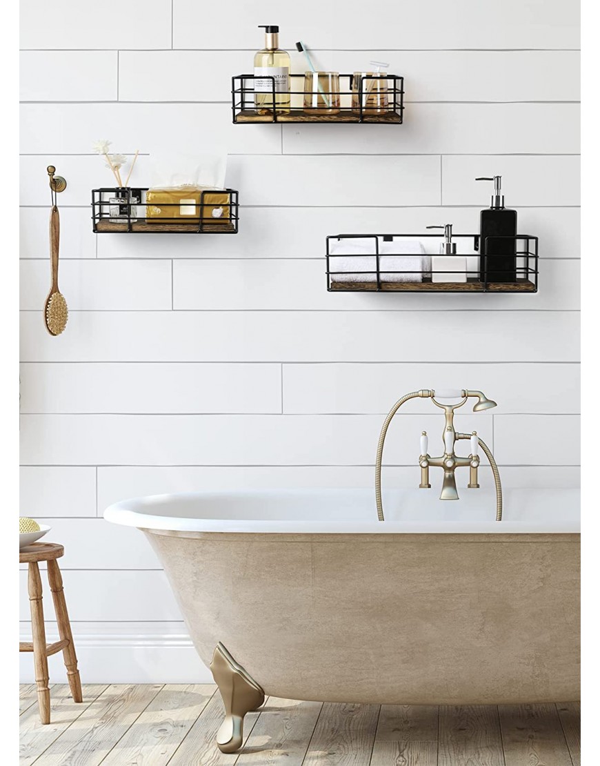 POTEY Floating Wall Shelves Natural Wood Wire Frame Hanging Shelves for Bathroom Living Room Bedroom Kitchen 3 Sets Dark Brown