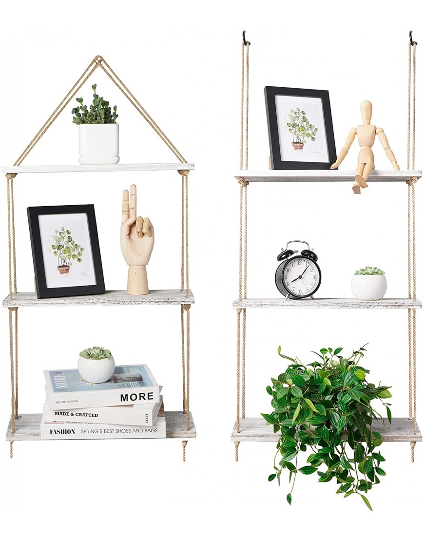 POTEY Wall Hanging Plant Shelf 3 Tier Wood White Floating Shelves Indoor with Rope Rustic Storage Rack Succulents Home Decor for Window Kitchen Bathroom Bedroom