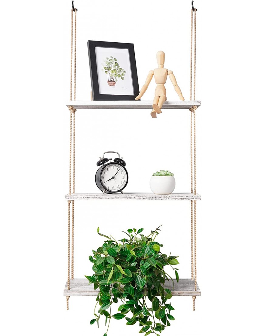 POTEY Wall Hanging Plant Shelf 3 Tier Wood White Floating Shelves Indoor with Rope Rustic Storage Rack Succulents Home Decor for Window Kitchen Bathroom Bedroom