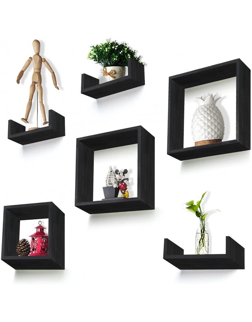RR ROUND RICH DESIGN Floating Shelves Set of 6 Rustic Wood Wall Shelves with 3 Small U Shelve and 3 Square Boxes for Free Grouping Black