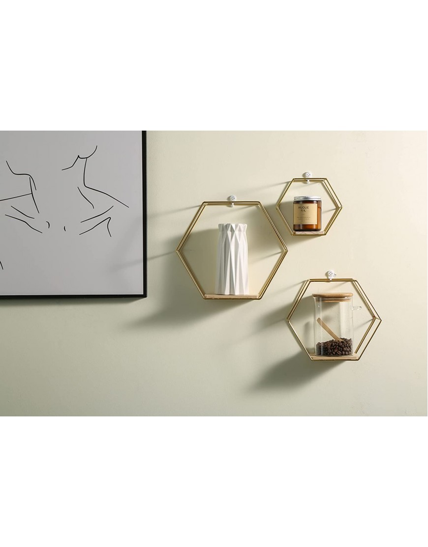 Wall Mounted Floating Hexagon Shelves Metal Framed Gold Shelves with Wood Based in Modern Chic Style for Wall Storage & Display in Living Room Or Bedroom Set of 3 Size Large Medium & Small