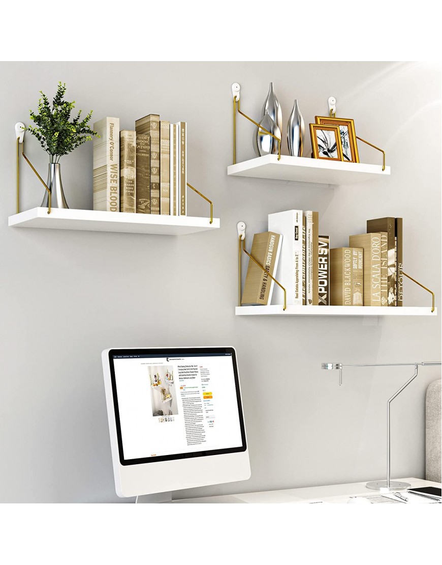 White Floating Shelves for Wall Set of 3 Hanging Wood Shelf & Wall Mounted Long Wide Deep Rustic Wooden Shelves with Gold Metal Brackets Modern for Bedroom Bathroom Living Room