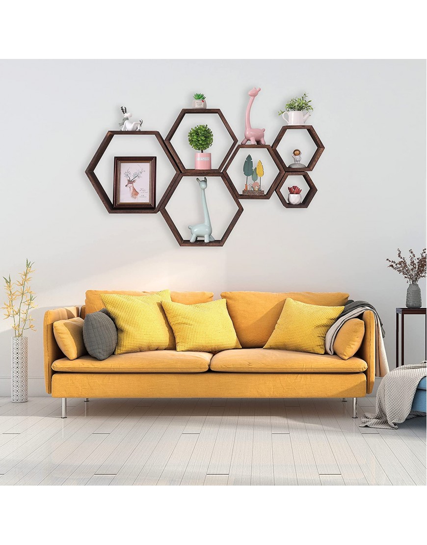 WONFUlity Hexagon Floating Shelves Set of 6 Wall Mounted Wood Farmhouse Storage Honeycomb Wall Shelf Hexagonal Decor Wall Shelves for Bedroom Living Room Office Screws Anchors Included Walnut