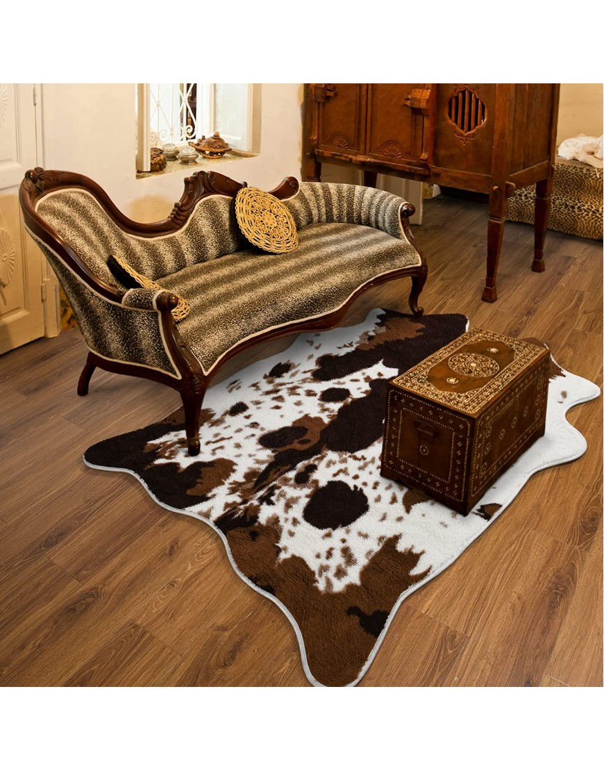 Acapet Cow Print Area Rugs Cowhide Rugs 4.6ft x5.2ft for Living Room Bedroom Western Decor Cute Fluffy Cowhide Carpet Faux Fur Rug Soft Fuzzy Rug for Home Brown and White,140*158cm