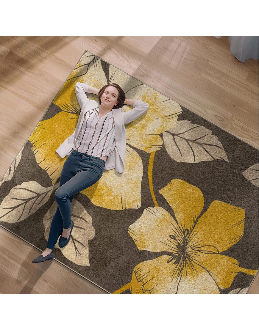 CAMILSON Solana Modern Floral 5'3 x 7' Area Rugs Non-Skid Non-Slip Rubber Backing Yellow Brown Flowers Indoor Rug 5x7 Yellow Brown