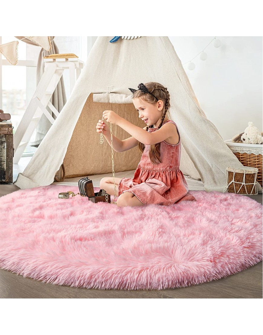 FlyDOIT Pink Round Rug for Bedroom Super Fluffy Circle Rugs for Baby Nursery 4'X4' Feet Furry Carpet for Children Kids Room Cute Soft Shaggy Rug for Girls Home Decor Fuzzy Plush Carpets for Dorm