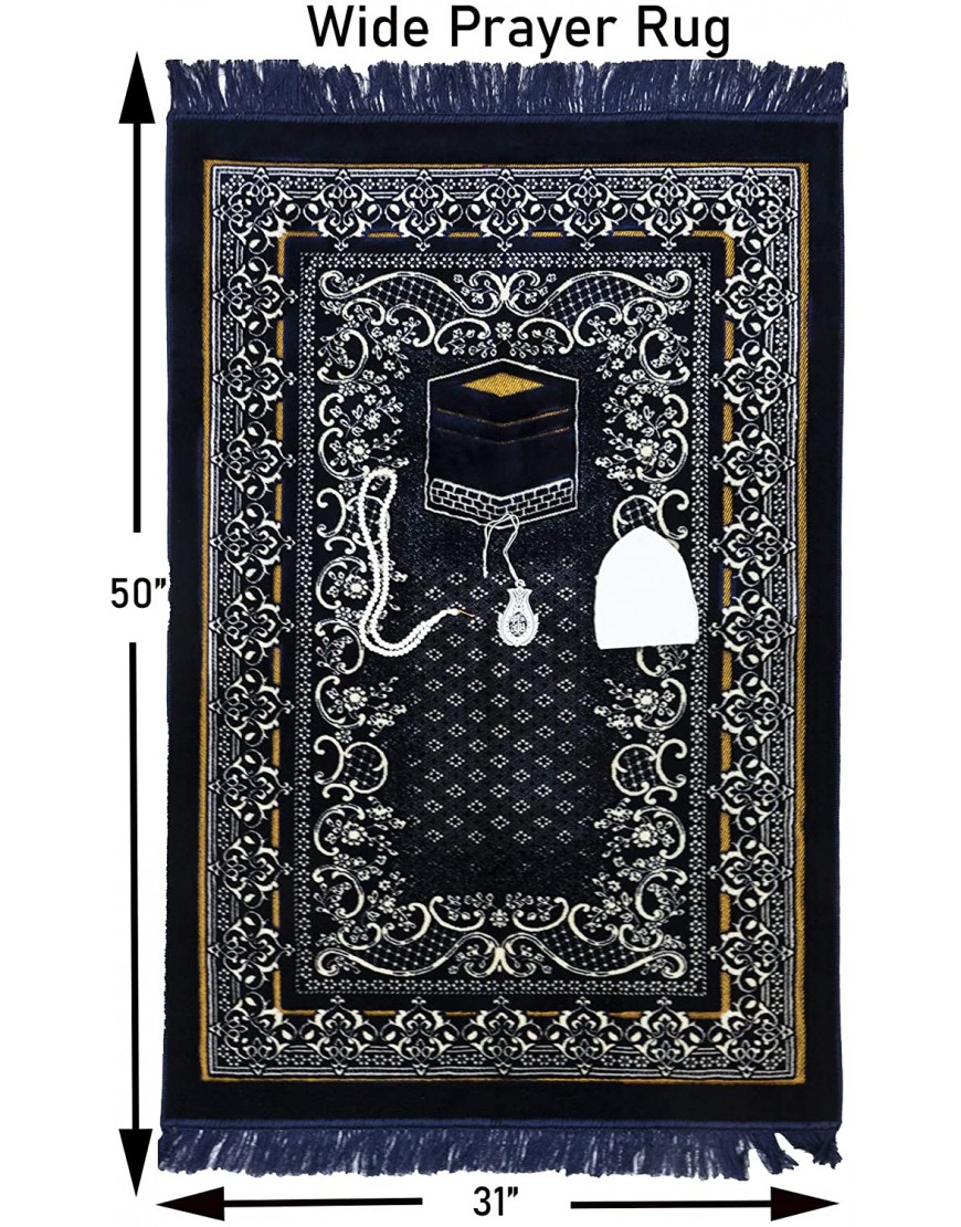 Free Prayer Cap Beads & Car Hanger Islamic Prayer Rug Janamaz Plush Velvet Wide Navy Blue