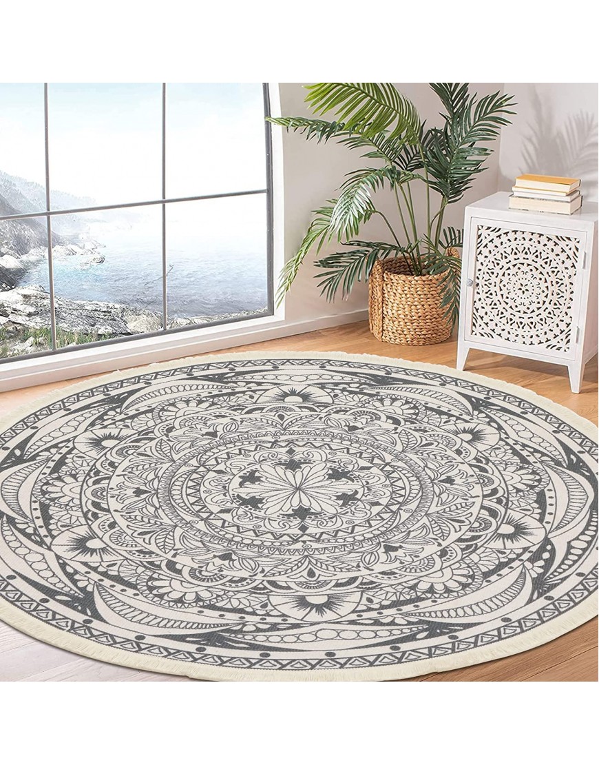 HEBE 6 Ft Round Area Rugs Washable Chic Bohemian Mandala Hand Woven Cotton Round Rug with Tassels Indoor Throw Area Rug Circle Carpet for Living Room Kids Room