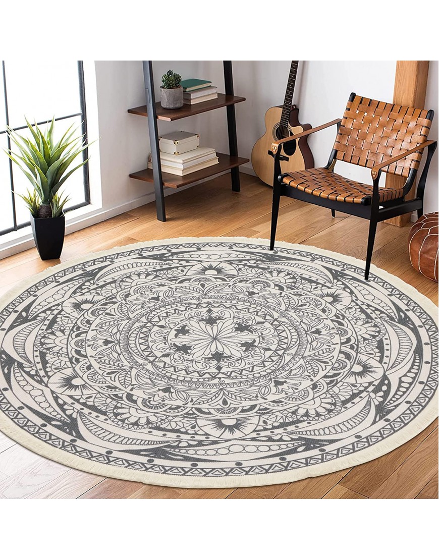 HEBE 6 Ft Round Area Rugs Washable Chic Bohemian Mandala Hand Woven Cotton Round Rug with Tassels Indoor Throw Area Rug Circle Carpet for Living Room Kids Room
