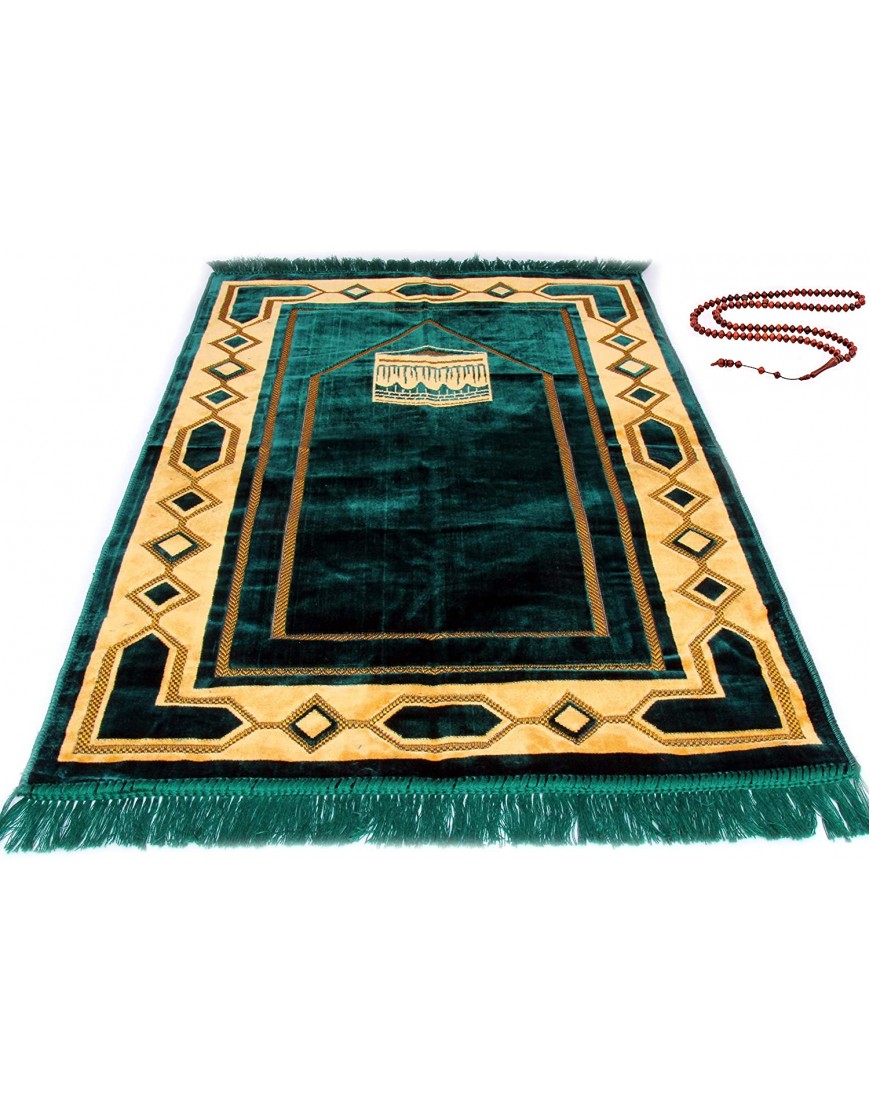 Premium Islamic Muslim Prayer Rug Ramadan Gift Janamaz Sajjadah Namaz Seccade by GOLD CASE Made in Turkey PRMT-Green