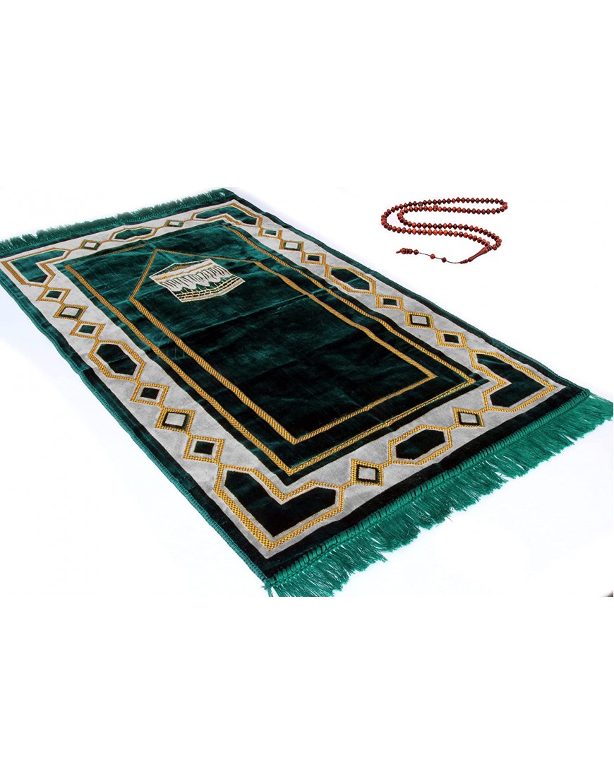 Premium Islamic Muslim Prayer Rug Ramadan Gift Janamaz Sajjadah Namaz Seccade by GOLD CASE Made in Turkey PRMT-Green