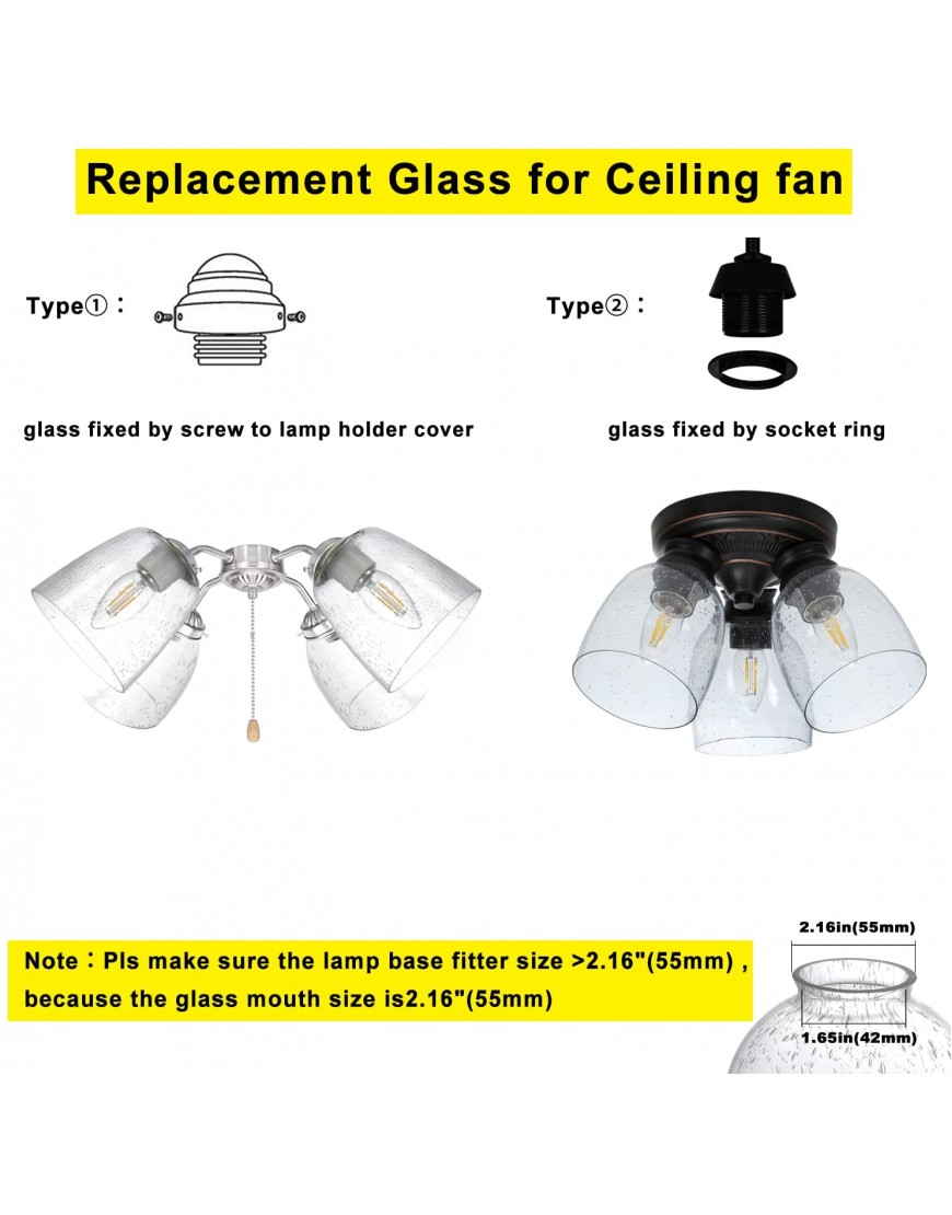4 Pack Clear Seeded Glass Replacement Shades Covers for Ceiling Fan Light Fixtures Pendant Lighting Chandelier 1 5 8 Fitter 5.47 High 4.76 Diameter