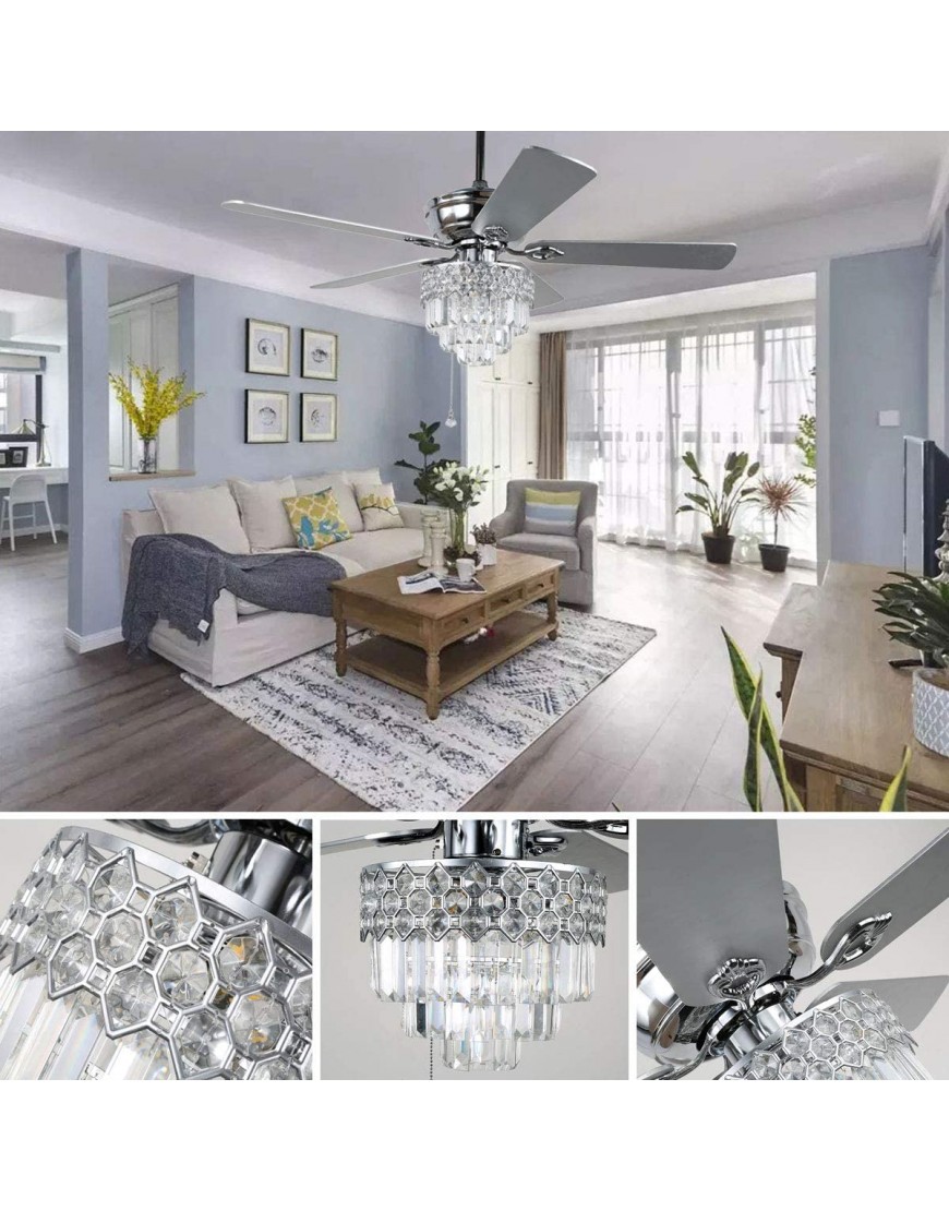 52″ Crystal Ceiling Fan with Lights and Remote Control Modern Chandelier Fan with Dual Finish Reversible Blades Quiet Indoor Fanderlier for Living Room Dining Room Bedroom. Chrome