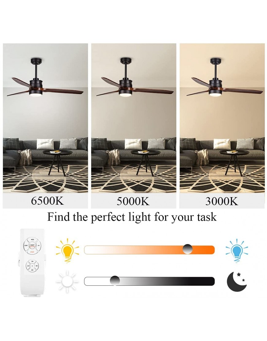 52 Inch Outdoor Black Ceiling Fan with Lights and Remote Control for Farmhouse Patios 3 Walnut Wood Blades 3 Downrod Included