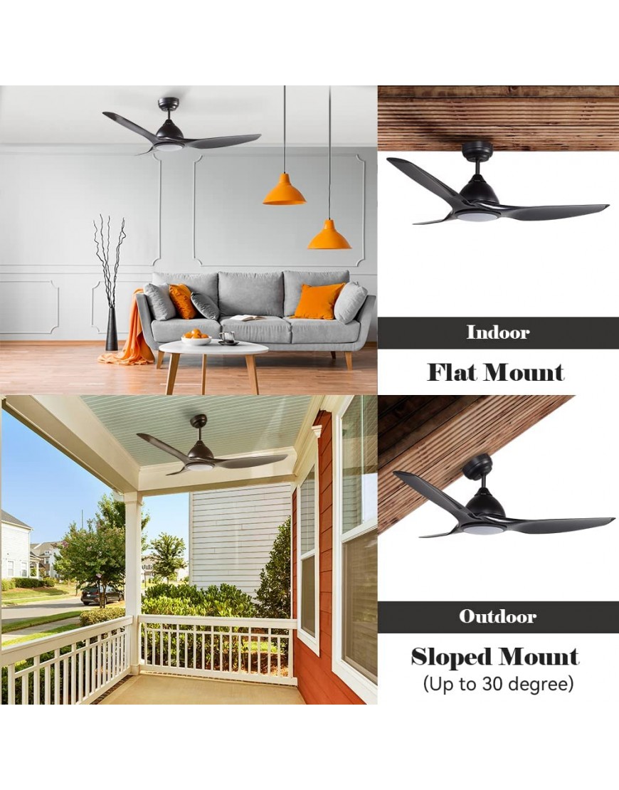 52 inch Smart Ceiling Fan with Remote Control Outdoor & Indoor Low Profile Modern Ceiling Fans with LED Light Kit Dimmable & Timer with 10 Speeds Works with WIFI Alexa Google Home Siri ,Black
