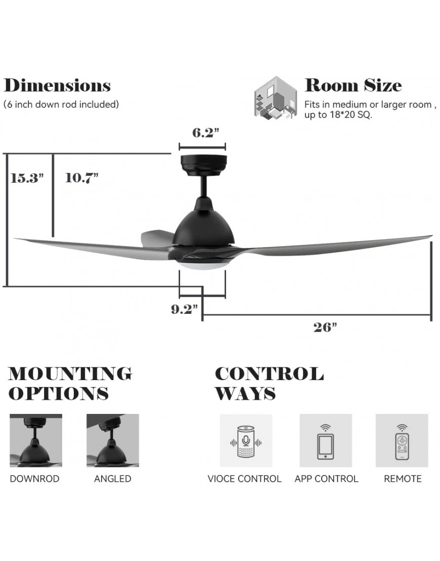 52 inch Smart Ceiling Fan with Remote Control Outdoor & Indoor Low Profile Modern Ceiling Fans with LED Light Kit Dimmable & Timer with 10 Speeds Works with WIFI Alexa Google Home Siri ,Black